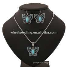 Regalo de cumpleaños azul rhinestone mariposa collar alibaba joyería conjunto